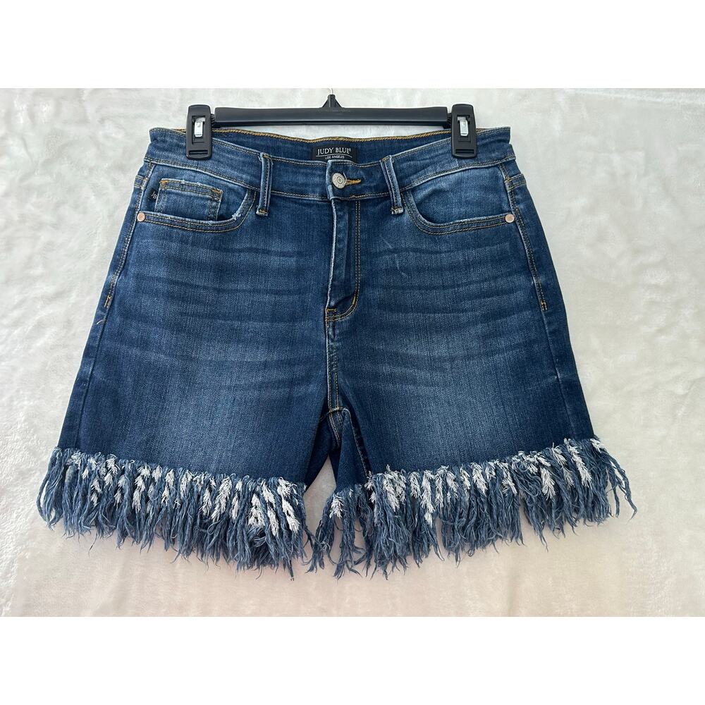 Judy Blue Jean Shorts L Long Fray Hem Fringe Boho Concert